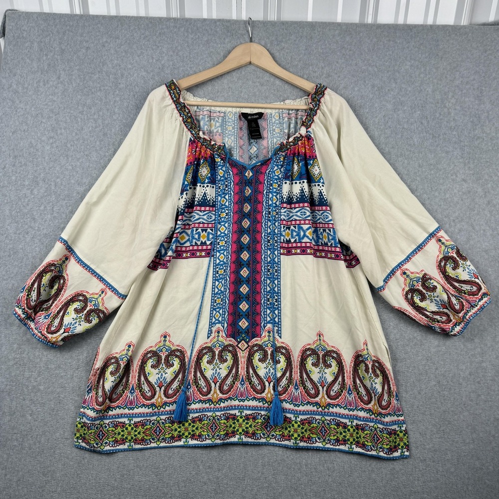 Ali Miles Top Womens 1X‎ Cream Paisley Boho Tassel Blouse Peasant Festival Plus